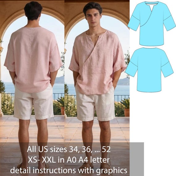 Men's Linen Wrap Shirt Sewing Pattern PDF, Kimono Shirt Pattern, Minimalist Linen Top, Relaxed Summer Shirt, Men PDF Pattern