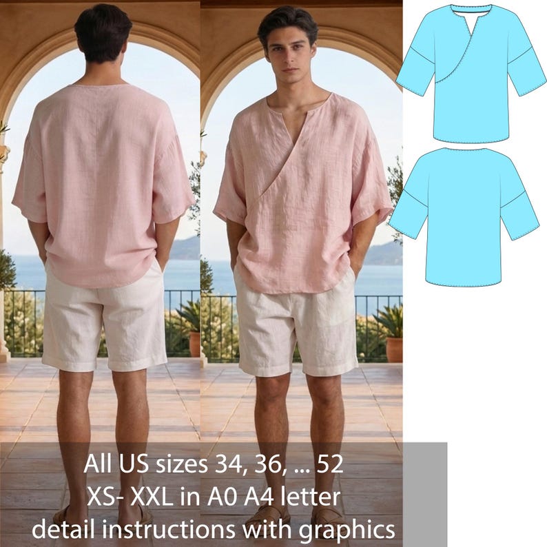 May include: A light pink linen wrap top and white shorts are modeled in this image. The top has a V-neck and short sleeves. The image also includes a light blue top design. Text on the image reads: All US sizes 34, 36, ... 52 XS-XXL in A0 A4 letter detail instructions with graphics.