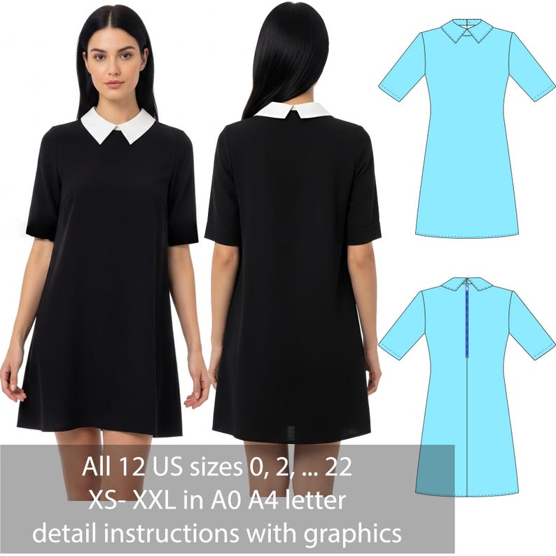 Puede incluir: Vestido negro con cuello blanco, mostrado de frente y de espalda. La imagen tambi&eacute;n incluye una ilustraci&oacute;n de vestido azul claro. El texto en la imagen dice: Todas las tallas estadounidenses 0, 2, ... 22 XS-XXL en A0 A4 letra instrucciones detalladas con gr&aacute;ficos.