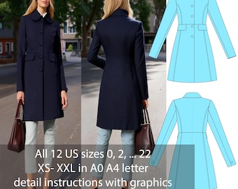 Naaipatroon elegante jurkjas pdf | Winterjas met lange mouwen | Digitale A0 A4-brief downloaden | Maten VS 0–22