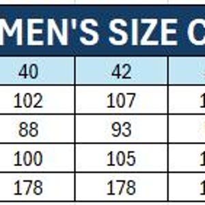 Puede incluir: Una tabla de tallas titulada "AVA LUKE MEN'S SIZE CHART (US)" con medidas en cent&iacute;metros. La tabla incluye tallas de la UE de la 34 a la 52, con medidas de pecho, cintura, caderas y altura en cm.
