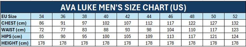 Puede incluir: Una tabla de tallas titulada "AVA LUKE MEN'S SIZE CHART (US)" con medidas en cent&iacute;metros. La tabla incluye tallas de la UE de la 34 a la 52, con medidas de pecho, cintura, caderas y altura en cm.