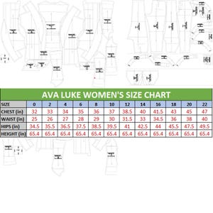 May include: A collection of white sewing pattern pieces arranged on a white background. Below, a green and white size chart displays measurements for chest, waist, hips, and height in inches, labeled "AVA LUKE WOMEN'S SIZE CHART."