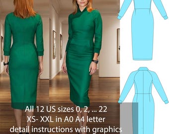 Tailliertes Midi Kleid Schnittmuster PDF • Elegantes Langarm Kleid • Digitaler Download A0 A4 Letter