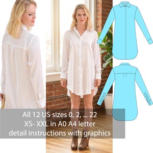 May include: A white long-sleeved shirt dress with a classic collar and button-down front. The image includes a diagram of the shirt and text indicating sizes XS-XXL and US sizes 0-22. The dress is shown on a model.