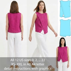 Peut inclure: Un haut sans manches magenta avec un design asymétrique, porté avec un pantalon blanc. L'image comprend un schéma du haut et le texte : "All 12 US sizes 0, 2, ... 22 XS- XXL in A0 A4 letter detail instructions with graphics."