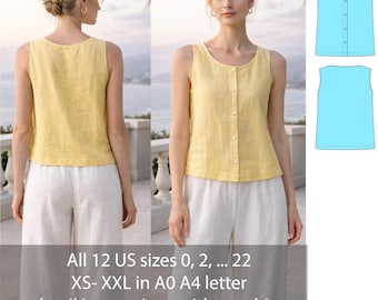 May include: A sleeveless, yellow linen top with a button-up front. The top is paired with white pants. The image also includes a technical drawing of the top and text that reads: All 12 US sizes 0, 2, ... 22, XS- XXL in A0 A4 letter, detail instructions with graphics.