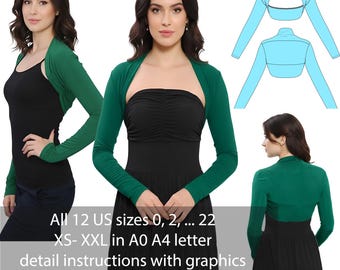 Long Sleeve Shrug Sewing Pattern PDF | Knit Bolero Top | Digital Download A0 A4 Letter | Stretch Fabric | US 0–22