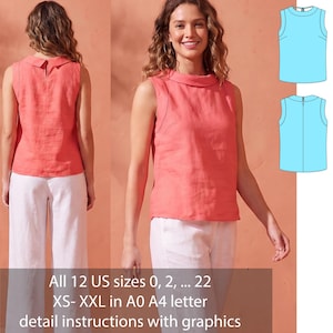 May include: A sleeveless coral-colored top with a round neckline and a back button closure. The image includes front and back views of the garment, along with blue technical line drawings showing the construction and a text overlay regarding US sizes.