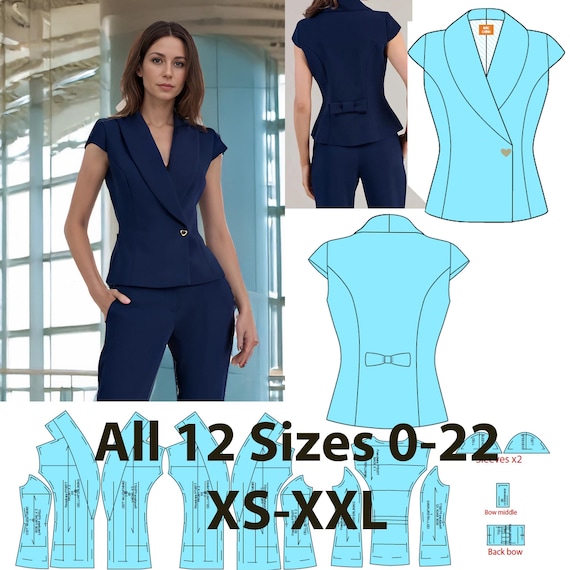 PDF Sizes 0-22 (US) Women's Summer Short Sleeve Blazer Sewing Pattern (PDF Download) | A0, A4, & Letter Formats + Sewing Guide