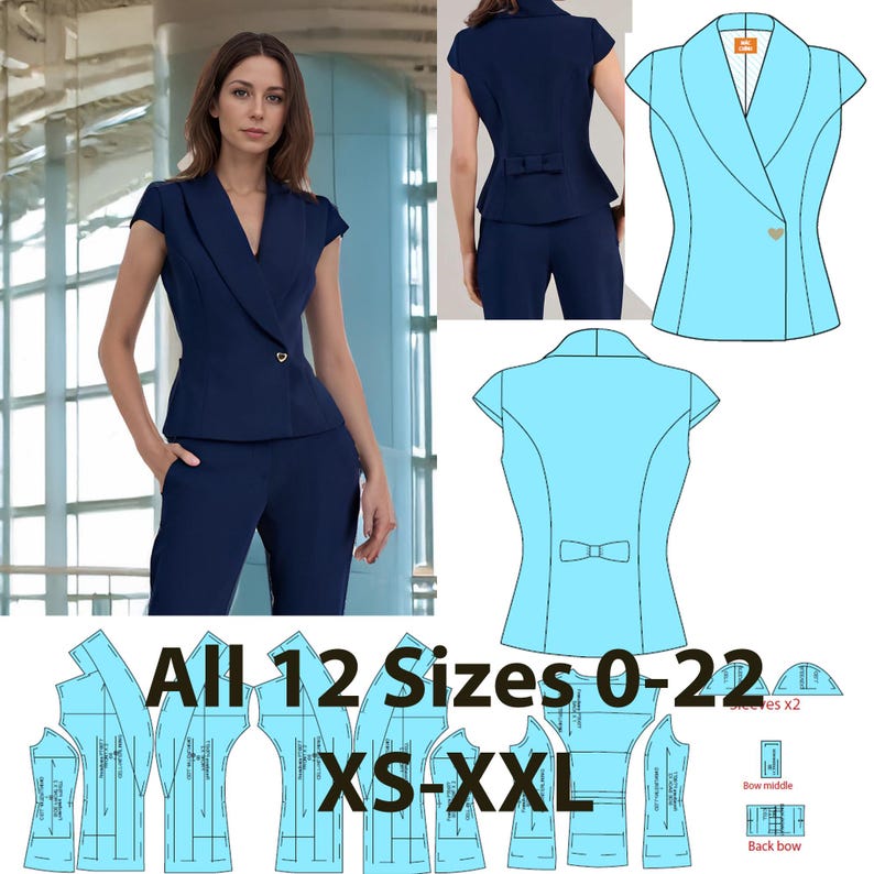 May include: A navy blue suit featuring a short-sleeved blazer with a notched lapel and a gold button. The matching pants complete the ensemble. The image also includes a technical drawing of the blazer and the text "All 12 Sizes 0-22 XS-XXL".