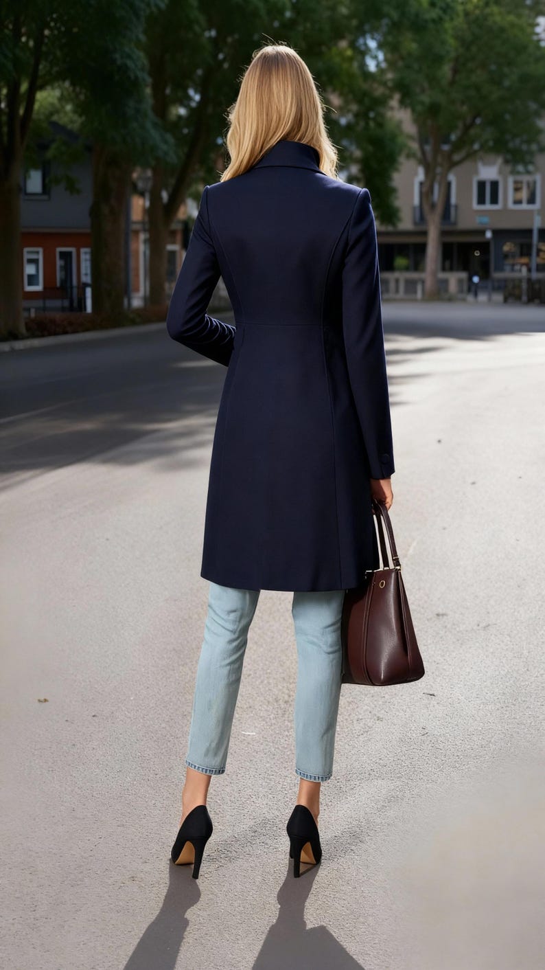 Op de afbeelding: Een marineblauwe jas met een getailleerde pasvorm, lange mouwen en een klassieke kraag. De jas wordt gedragen met lichtblauwe jeans, zwarte hakken en een bruine handtas. De persoon loopt op een geplaveide straat.