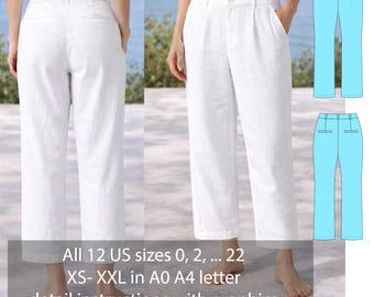 Linen Pants Sewing Pattern PDF, Minimalist Wide Leg Trousers Pattern | High Waist Linen Pants | Summer Pants Pattern | Sizes 0–22