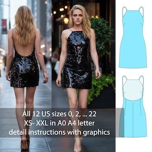 May include: A black sequin mini dress with a square neckline and spaghetti straps. The dress is shown on a model walking in an urban setting. The image also includes a technical drawing of a blue dress with a low back.