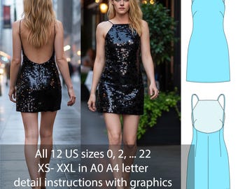 Backless Mini Dress Sewing Pattern PDF • Sequin Party Dress Template • Strappy Cocktail Dress • A0 A4 Letter Instant Download