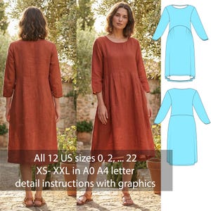 Könnte beinhalten: Rostfarbenes Leinenkleid mit Dreiviertelärmeln und rundem Ausschnitt. Das Kleid ist knielang und hat einen fließenden Rock. Das Bild enthält auch ein hellblaues Kleidermuster. Text auf dem Bild lautet: Alle 12 US-Größen 0, 2, ... 22 XS-XXL in A0 A4 Detailanweisungen mit Grafiken.