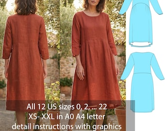 Patrón de vestido de lino en PDF para descargar al instante / Vestido midi con mangas