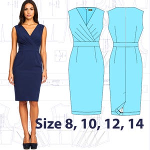 Pleated Dress PDF Sewing Pattern Size 8, 10, 12, 14 US | Classic Fitted Sleeveless V-Neck Dress| A4 letter A0 Digital Instant Download file