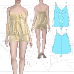 Könnte beinhalten: Ein hellgelbes Satin-Pyjama-Set mit einem Camisole-Top und Shorts. Das Camisole hat dünne Träger und eine Rüschenborte. Die Shorts haben ein schlichtes Design. Eine technische Zeichnung eines blauen Camisoles mit Rüschen ist ebenfalls abgebildet.