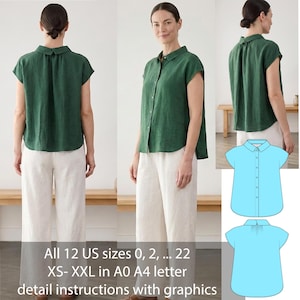 May include: A dark green short-sleeved button-down shirt with a collar and a pleated back detail. The image includes a blue technical line drawing of the shirt front and back, with text stating: All 12 US sizes 0, 2, ... 22 XS- XXL in A0 A4 letter detail instructions with graphics.