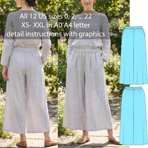 May include: A two-piece outfit consisting of a long-sleeved top and wide-leg trousers in a light gray color. The text reads: All 12 US sizes 0, 2, ... 22 XS- XXL in A0 A4 letter detail instructions with graphics. Includes blue technical drawings.