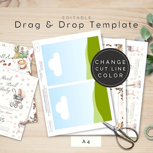 Plantillas para imprimir tarjetas e invitaciones tamaño A4 de 5 x 7 pulgadas, arrastrar y soltar en Canva, cambiar el color de la línea de corte, incluye instrucciones para el trazador / TPL000