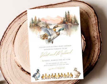 Mallard Duck Baby Shower Invitation, Serene Water Theme, Watercolor Cute Ducklings, Editable Canva Template | TPL060