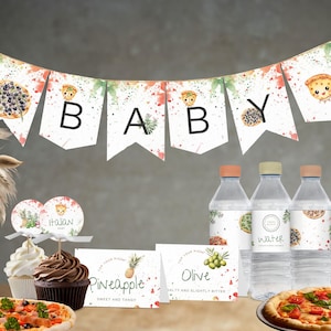 Pizza Themed Baby Shower Party Bundle, Banner, Toppers, Labels and Buffet Cards, Italian Slice, Editable Canva Template | TPL006