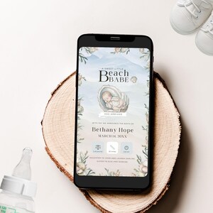 Anúncio de chá de bebê Beach Babe por telefone, tema Boho costeiro, bebê aquarela em concha, verão doce, modelo Canva | TPL094