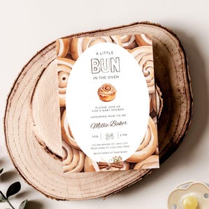 Bun in the Oven Baby Shower Invite, Cinnamon Roll with Frosting, Baking Theme, Earthy, Editable Canva Template | TPL034