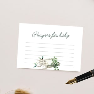 Carte de prière pour une fête prénatale Nous avons prié pour cet enfant, Bible chrétienne et chaussons, modèle toile neutre modifiable | TPL066