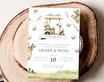May include: A baby shower invitation with a watercolor illustration of a golf cart and golf clubs. The text reads "a little caddie is on the way" and includes the names "Lauren & Peter", the date "August 10", and the location "Country Club 123 Anywhere St Any City".