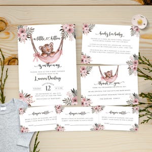 Suite d'invitations pour baby shower petit chaton, modèles pour baby shower de la jungle rose, bébé chat sauvage modifiable, personnalisez-le à la maison | TPL118
