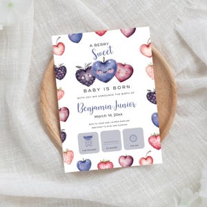 Anuncio de nacimiento de bayas, fruta azul de acuarela, dulce fiesta de bebé con bayas, corazón de arándano kawaii, plantilla de Canva editable / TPL087