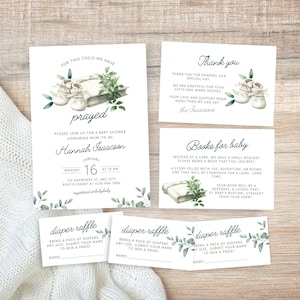 For This Child We Have Prayed Baby Shower Invitation Bundle, Christian Bible and Booties, Editable Canva Template | TPL066