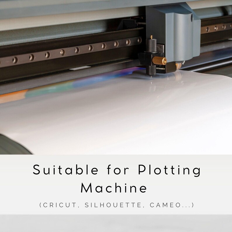 May include: Close-up of a white sheet of paper being fed into a cutting machine. The machine has a black and silver body with a blue cutting head. The text on the image reads "Suitable for Plotting Machine (CRICUT, SILHOUETTE, CAMEO...)"