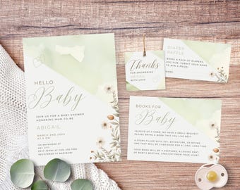 Sage Green Baby Shower Invitation Bundle, Boho Floral Decor, Gender Neutral Hello Baby, Modern, Editable Canva Template | TPL023