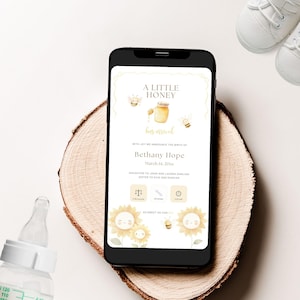 Anúncio de nascimento de um pequeno bebê de mel, telefone digital, cartão fofo e caprichoso de abelha de mel doce, personalize em casa, modelo Canva | TPL090