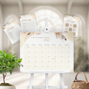 Paquete de juego de bienvenida al bebé en beige, crema de género neutro, decoración floral bohemia, plantilla de Canva moderna y editable / TPL025