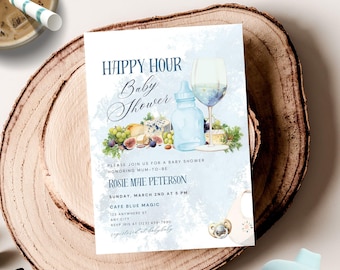 Happy Hour Baby Shower Invitation in Blue, Baby Boy Cheers, Brunch and Bubbly Theme, Editable Canva Template | TPL062