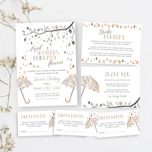 April Showers Bring May Flowers Baby Shower Invitation Bundle, Spring Sprinkle, Watercolor Raindrops, Personalize at Home Template | TPL099
