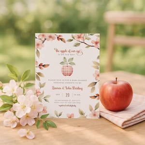 Gingham Apple Baby Shower Printable Invite, Rustic Fall Theme, Apple of our Eye, Personalize at Home Template | TPL126