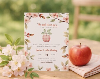 Met pastel appel babyshower afdrukbare uitnodiging, rustiek herfstthema, appel van ons oog, sjabloon voor thuis personaliseren | TPL126