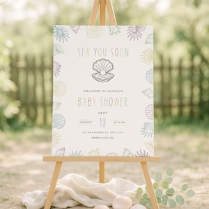 Sea You Soon Baby Shower Welcome Sign, Coastal Beach Theme, Ocean Seashell Decor, Personalize at Home Template | TPL125