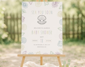 Sea You Soon Baby Shower Welcome Sign, Coastal Beach Theme, Ocean Seashell Decor, Personalize at Home Template | TPL125