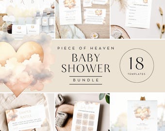 Little Piece of Heaven Baby Shower Mega Bundle, Heart Cloud Baby Shower Theme, Neutral, Editable Canva Template | TPL032