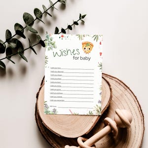 Deseos para baby shower con temática de pizza para bebé, 5 x 7 pulgadas, Bambino italiano, Slice Slice Baby, plantilla editable en Canva / TPL006
