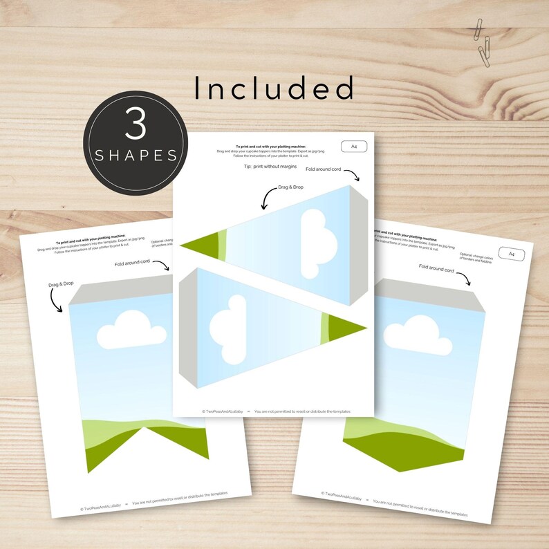 May include: Printable craft template for a banner with three shapes: a cloud, a hill, and a triangle. The shapes are in shades of blue, green, and white. The template is labeled "3 Shapes" and "Included".