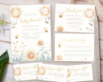 Sunflower Baby Shower Invitation Bundle, Watercolor Kawaii Sunflower Home Garden, Cute Honey Bee, Editable Canva Template | TPL082