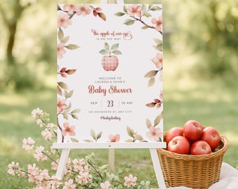 Gingham appel babyshower welkomstbord, rustiek herfstthema, appel van ons oog, sjabloon voor thuis personaliseren | TPL126